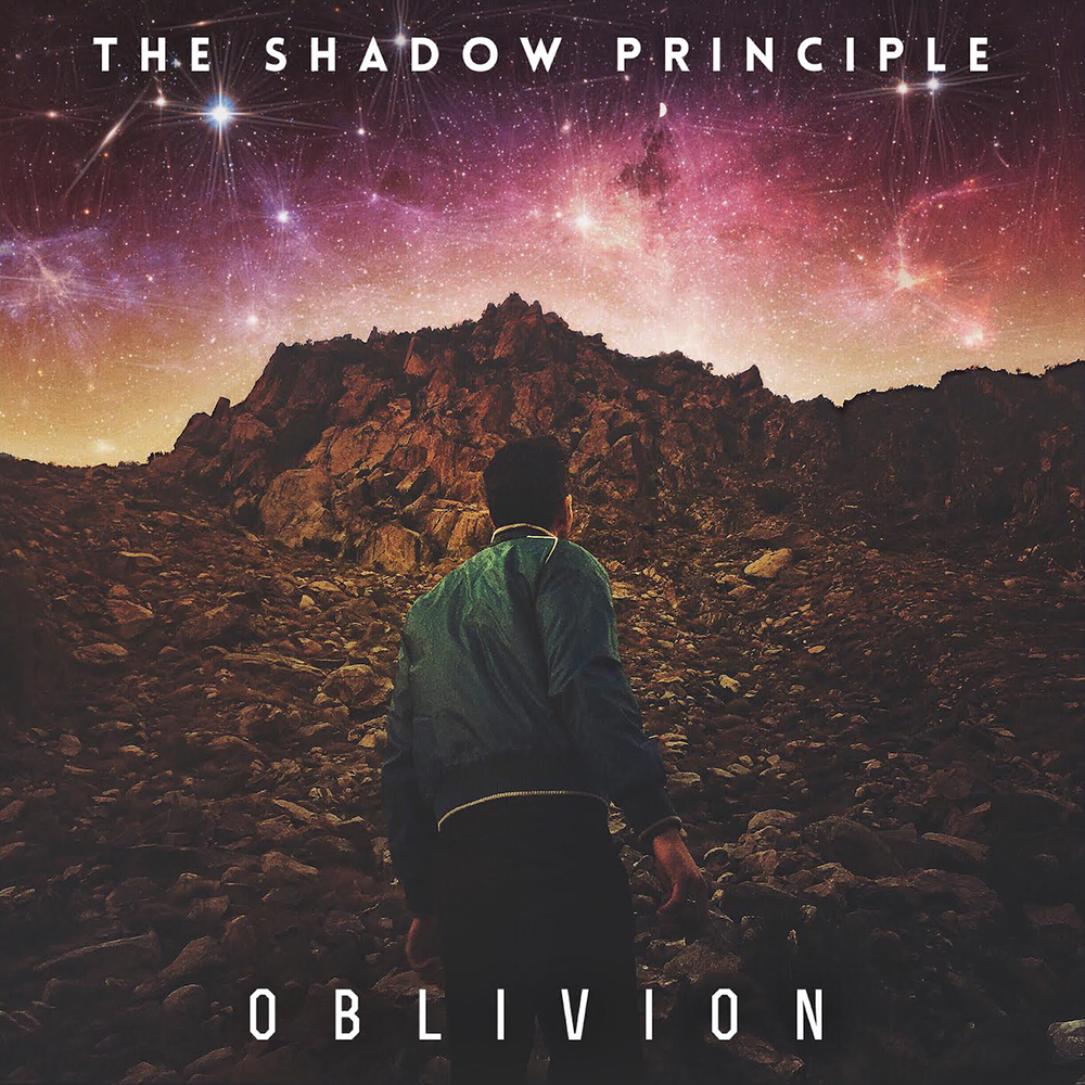 An image of the albumn cover for Oblivion Released by The Shadow Principle in 2016. A Man in a blue bomber jacket stands looking up at mars like cliffs and a colorful galaxy filled sky.